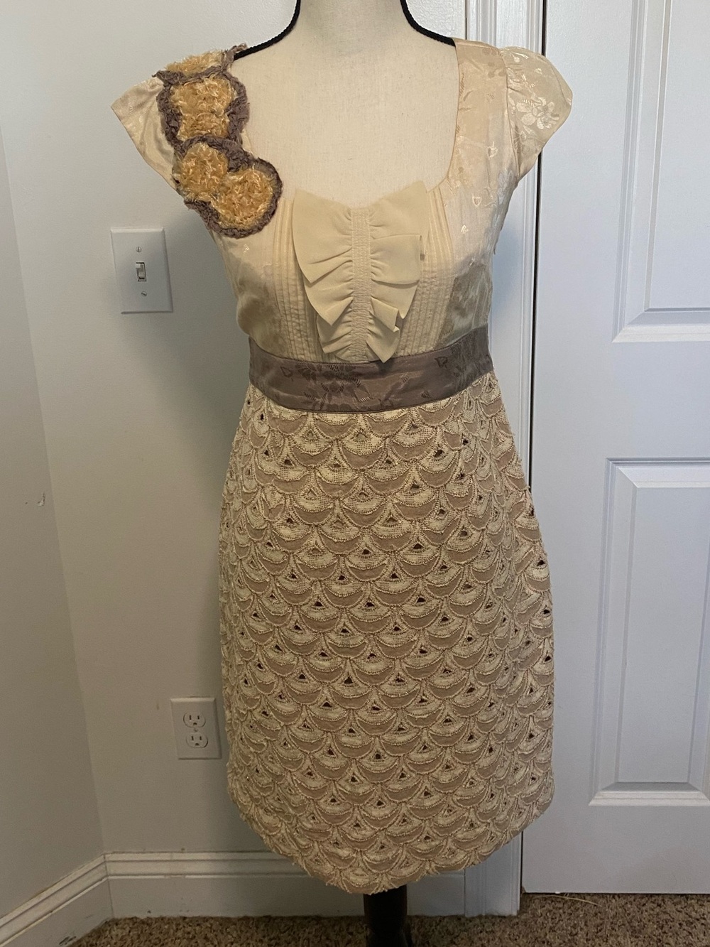 Anthropologie Floreat Cream Lace-Detail Midi Dress with Floral Shoulder Appliqué